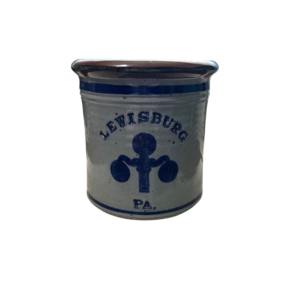 Harvey Lewisburg PA Stoneware Crock Grey Blue Handcrafted Pottery Jar 7.5in
